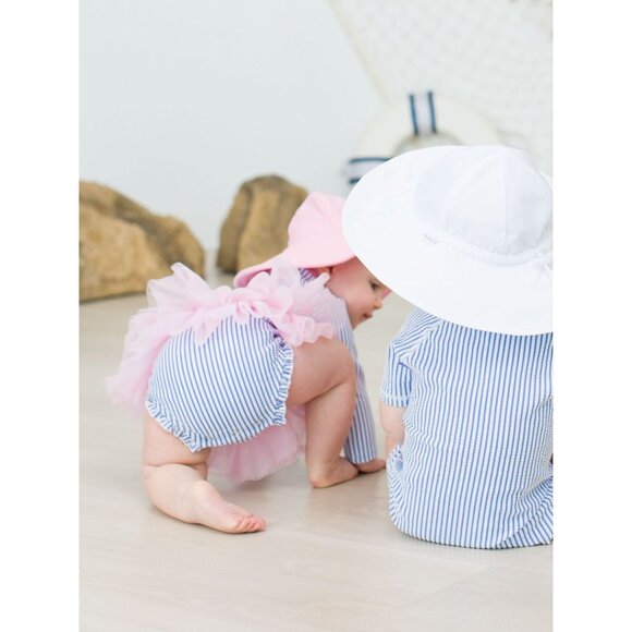 RUFFLEBUTTS Seersucker Tulle Skirted One Piece Swimsuit in Periwinkle Blue 3-6M - Picture 8 of 9
